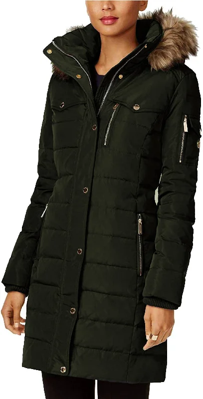 Soft wool sweaters for cold days-Down Fill Faux Fur Hood 3/4 Puffer Coat in Dark Moss