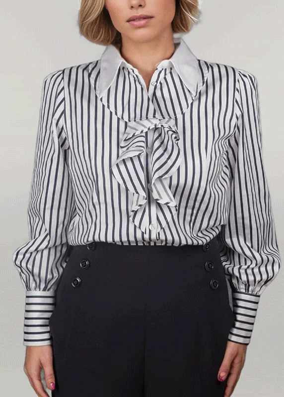 Affordable sundresses for women-BELLE AMOUR - Striped Blouse With Jabot Collar by Ma Reine | 100% Cotton Satin (WHITE / NAVY)