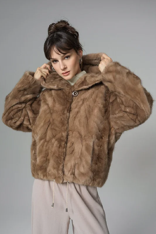 Designer skinny jeans for women-Taupe Hooded Nutria Mink Fur Coat