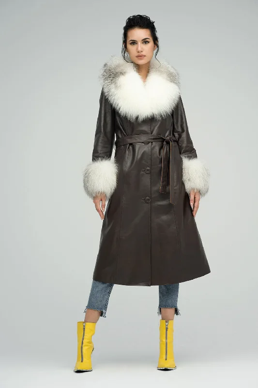 Chic jumpsuits for party wear-Brown Genuine Maxi Lambskin Overcoat with Arctic Fox Fur Collar and Cuffs