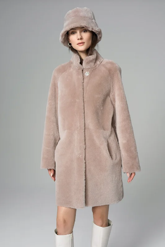 Luxury cashmere cardigans for women-Pink Reversible Genuine Merino Wool Sheepskin Midi Coat