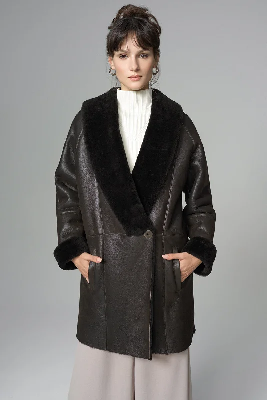 Affordable activewear sets for women-Dark Brown Lambskin Midi Coat with Merino Fur Collar