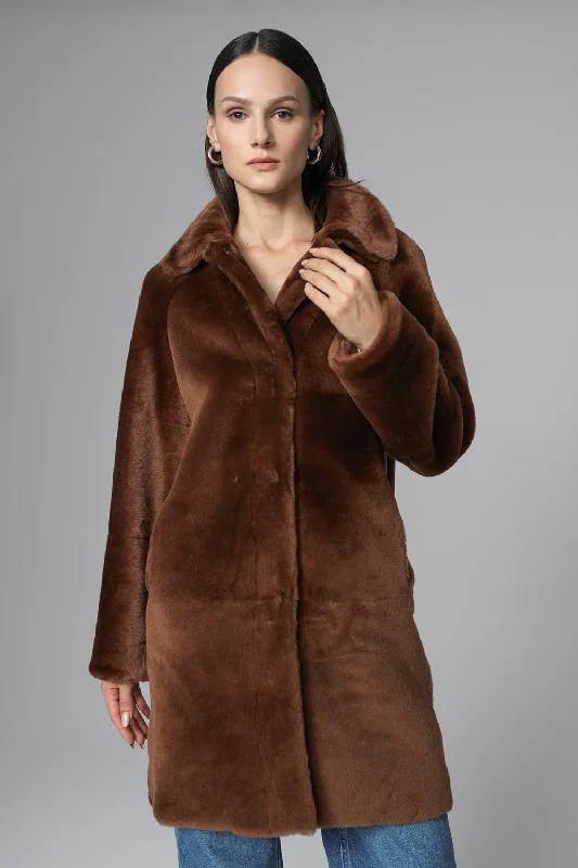 Soft silk pajamas for women-Cognac Reversible Genuine Merino Wool Sheepskin Midi Coat