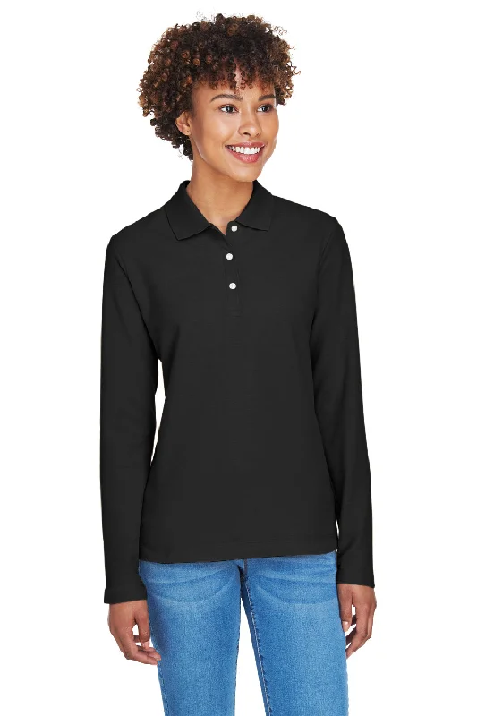 Stylish jumpsuits for summer-Devon & Jones Womens Long Sleeve Polo Shirt - Black