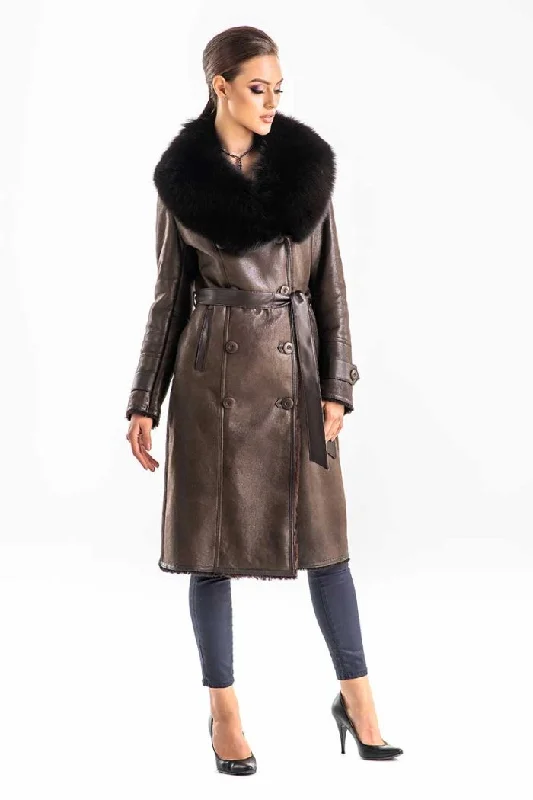 Stylish parkas for winter-Brown Genuine Merino Shearling Coat with Arctic Fox Fur Collar