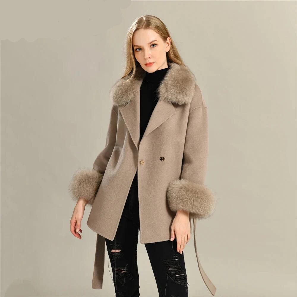 High-quality leggings for gym wear-Women's Wool Coat with Real Fur - Elegant Medium-Length C...