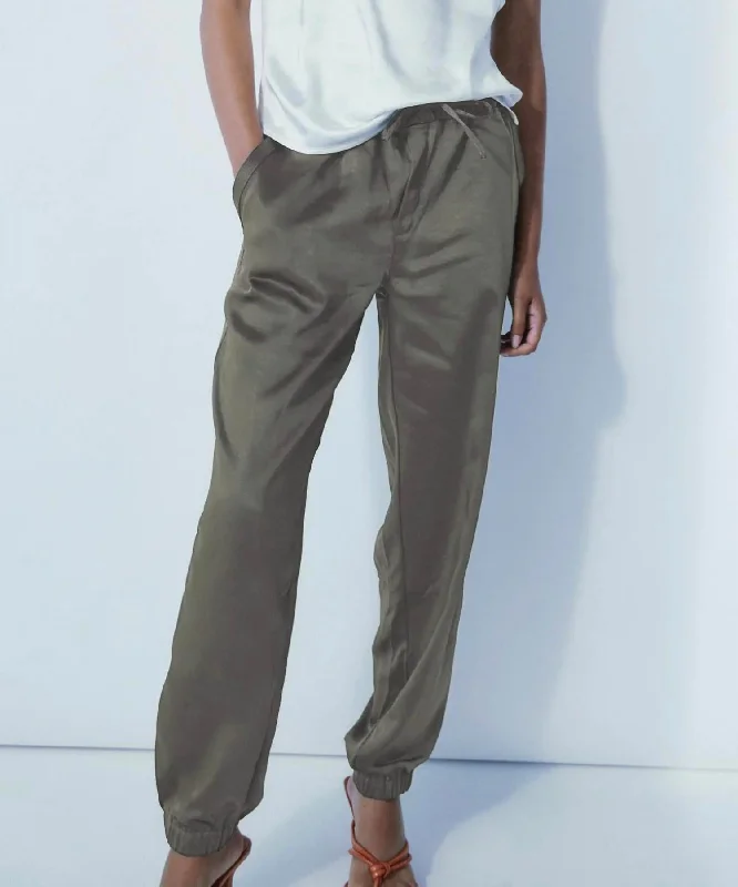 Trendy culottes for women-Satin Joggers In Khaki