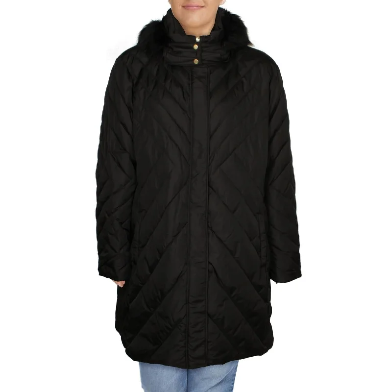 Trendy oversized sweaters for fall-Larry Levine Women's Plus Size Quilted Puffer Coat with Faux Fur Trim Hood