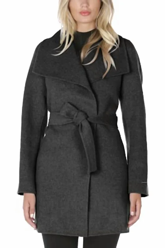 Elegant chiffon dresses for parties-Wool Wrap Coat With Tie Belt in Deep Charcoal