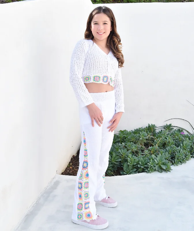 Soft cotton pajamas for women-FBZ Girls White Multi Crochet Pants