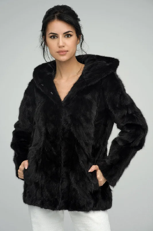 Stylish raincoats for rainy days-Black Genuine Hooded Mink Fur Coat