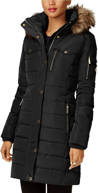 Lightweight raincoats for women-Faux Fur Trim Down Puffer Coat in Black