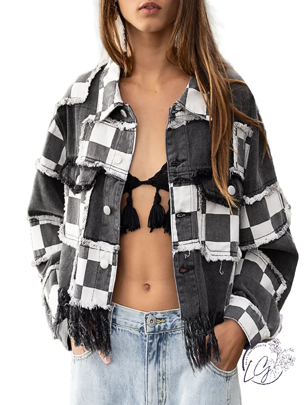 Trendy bomber jackets for women-Cropped Checkered Jacket By Pol