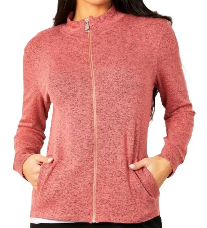 Soft cashmere sweaters for winter-Melange Zip Jacket In Coral