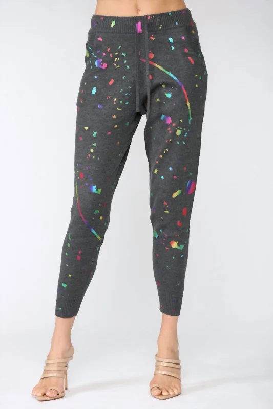 Trendy culottes for women-Foil Paint Splatter Knitted Jogger Pants In Charcoal