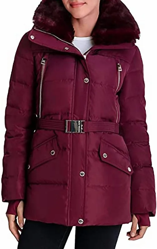 Soft flannel shirts for women-Belted Down Quilted Jacket Coat in Dark Ruby