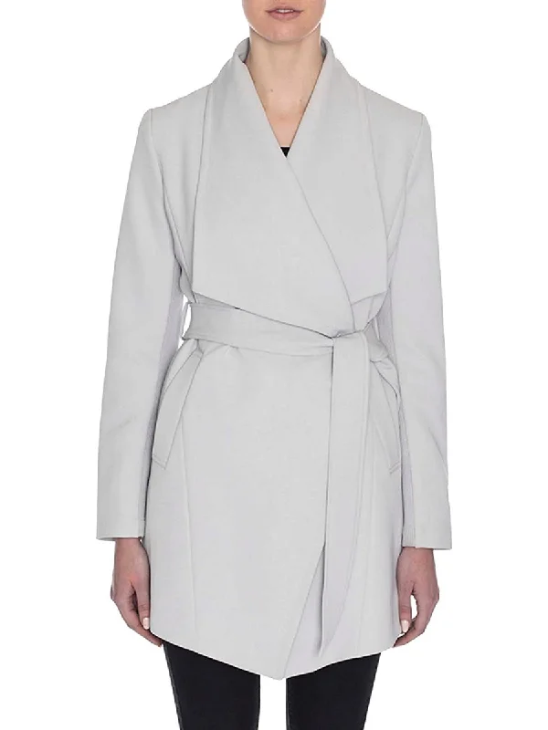 Designer satin dresses for women-Abbey Belted Draped Collar Trench Wrap Coat in Silver Gray