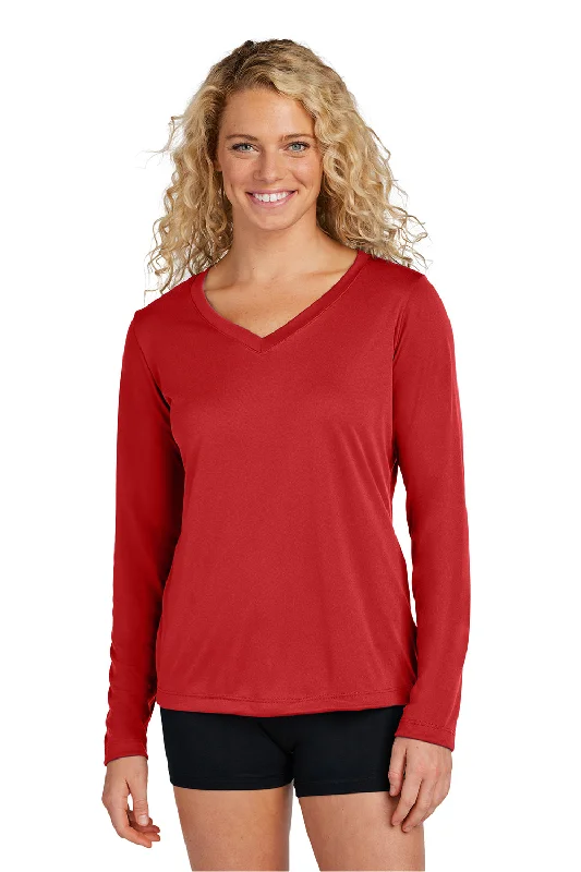 Lightweight tunics for summer-Sport-Tek Womens Competitor Moisture Wicking Long Sleeve V-Neck T-Shirt - Deep Red