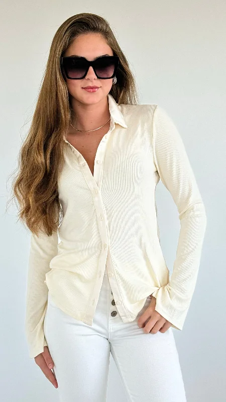 Lightweight blazers for summer-Glam Button-Up Top- Ivory