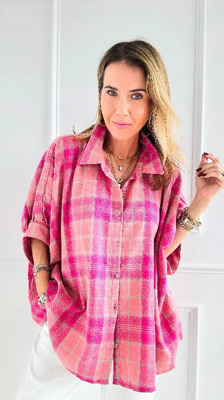 Vintage floral dresses for women-Cozy Daydream Oversized Plaid - Pink