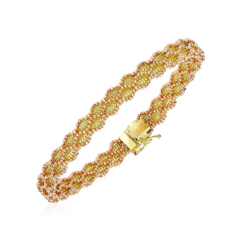 Designer diamond drop earrings-14k Two Tone Gold 7 1/2 inch Bracelet with Wavy Bead Texture