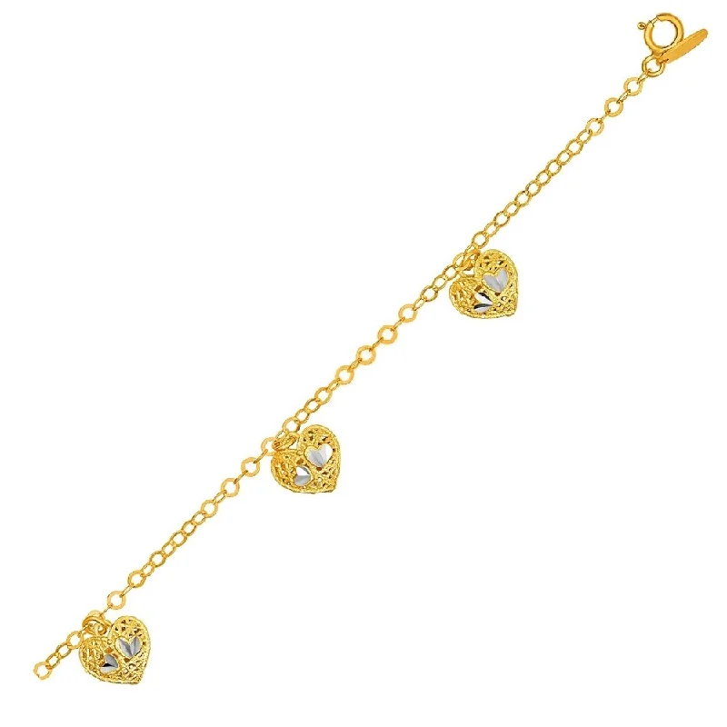 Luxury diamond necklaces for women-14k Yellow Gold Bracelet with Filigree Style Hearts