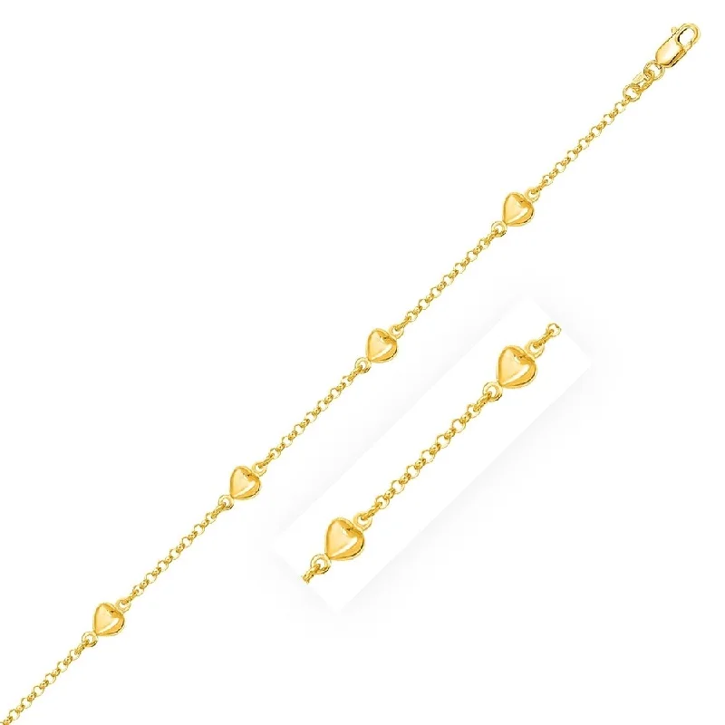 Stylish hoop earrings for casual wear-14k Yellow Gold Rolo Chain Bracelet with Puffed Heart Stations