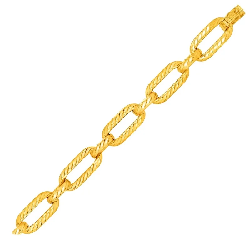 Trendy initial rings for women-14k Yellow Gold Textured Long Oval Link Bracelet