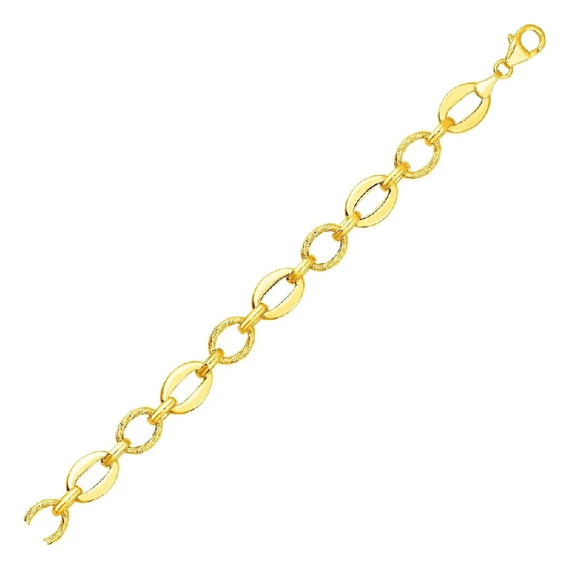 Stylish silver stud earrings-Shiny and Textured Oval Link Bracelet in 14k Yellow Gold