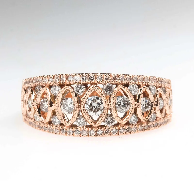 Trendy birthstone rings for women-0.62ctw Diamond Anniversary Filigree Wide Ring in 14K Rose Gold