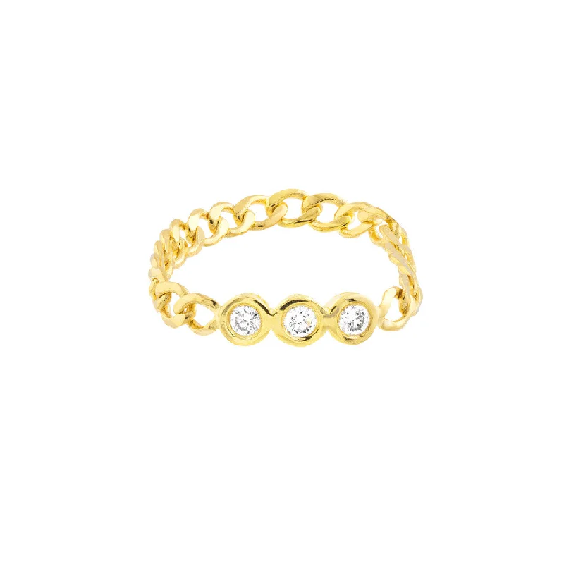 Trendy statement rings for women-Diamond Trio 14k Yellow Gold Curb Chain Ring