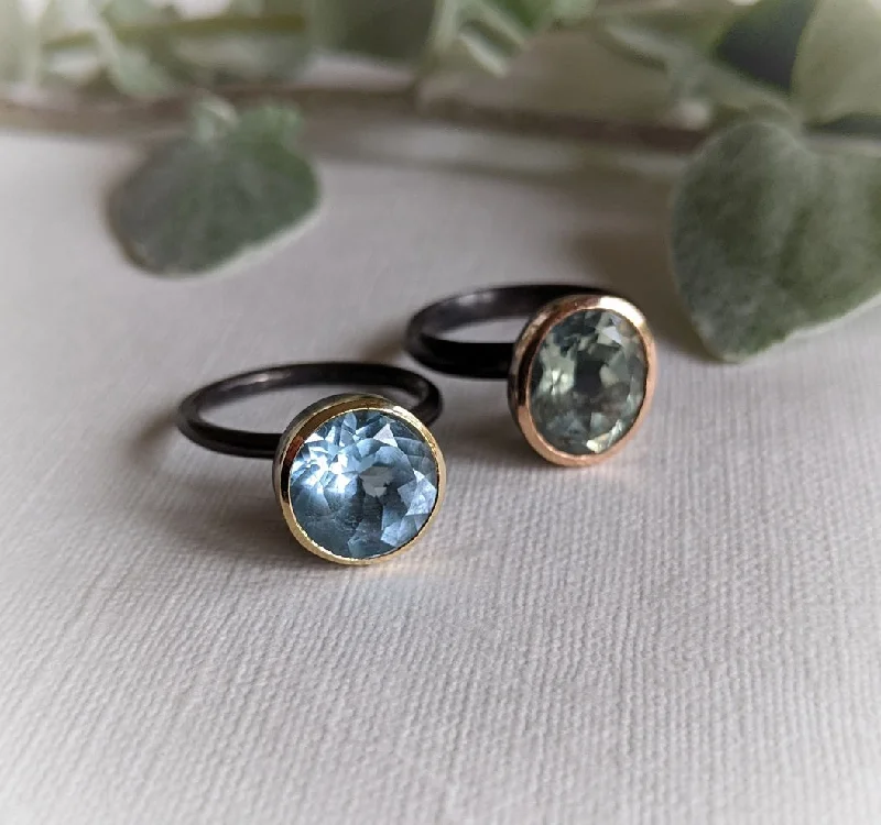 Stylish silver stud earrings-11mm x 9mm pale green quartz, 2mm oxidized silver and 18ct rose gold cup ring