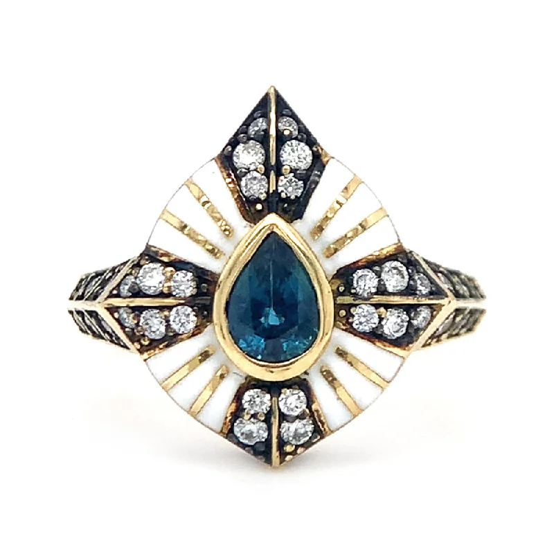 Vintage gold rings for women-Blue Sapphire, Diamond, & Enamel Ring - "Masquerade"