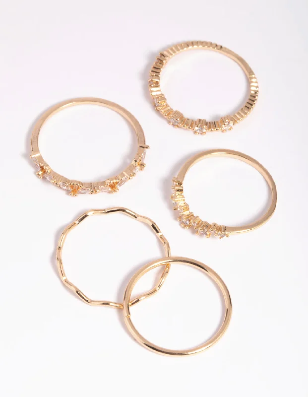 Luxury gold bangle bracelets-Gold Cubic Zirconia Delicate RIng Stack Pack