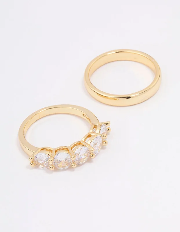 Trendy initial rings for women-Gold Plated Round Cubic Zirconia Double Band Ring