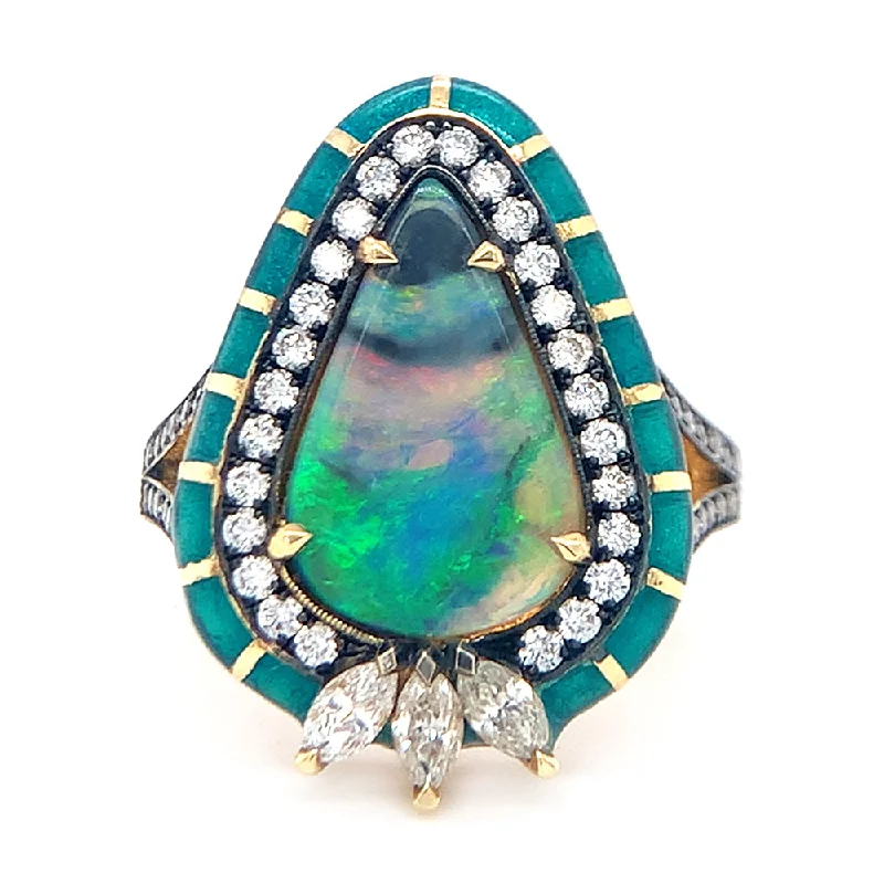 Luxury sapphire earrings for women-Opal, Diamond, & Enamel Ring - "Glittering Peacock"