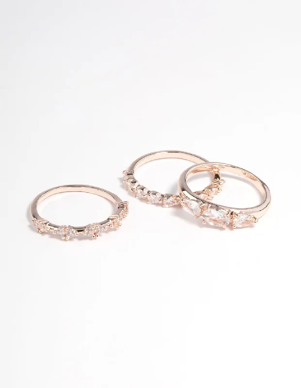 Stylish silver rings with gemstones-Rose Gold Plated Cubic Zirconia Pear Stacker Rings 3-Pack