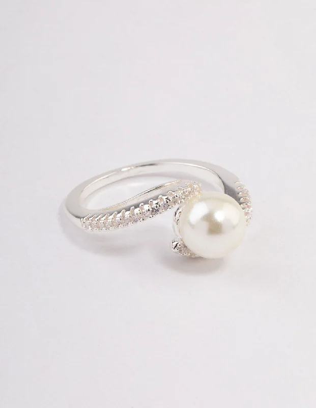 Designer silver drop earrings-Silver Plated Wrapped Pearl Ring