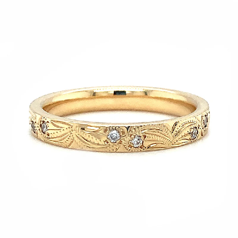 Luxury ruby rings for women-Yellow Gold & Diamond Engraved Band - "Lily"