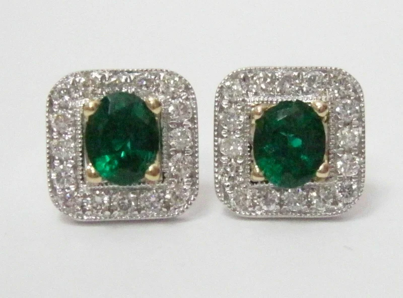 Affordable pearl drop earrings-1.12 TCW Natural Oval Green Emerald & Diamond Accents Stud Earrings 18kt WG