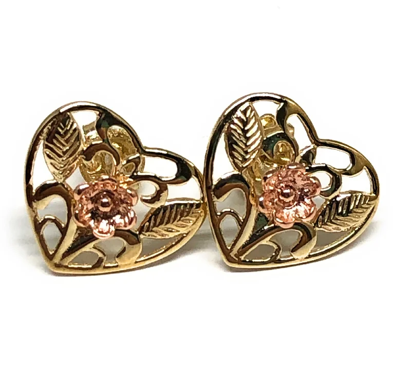 Luxury diamond necklaces for women-10k Solid Gold Yellow & Rose Gold Heart Flower Stud Earrings (FC)