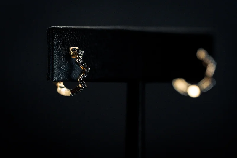 Vintage-inspired brooches for women-14k Yellow Gold Small Black Diamond Zig-Zag Huggie Hoop Earrings