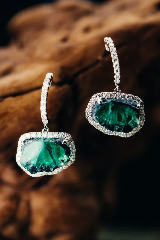 Trendy choker necklaces for women-18k White Gold Trapiche Emerald and Diamond Earrings