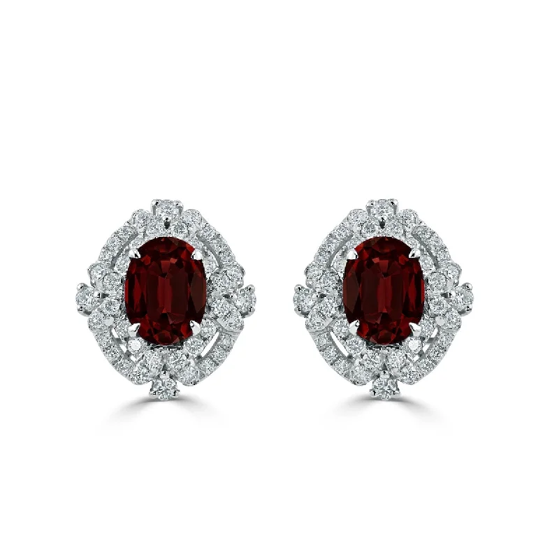 Stylish silver charm bracelets-Auriya 3 1/5ct Vintage Oval-cut Garnet Halo Diamond Stud Earrings 5/8ctw 18k Gold