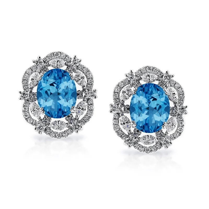 Trendy infinity necklaces for women-Auriya 6 3/8ct Fancy Oval-cut Blue Topaz Halo Diamond Stud Earrings 1 3/4ctw 18k Gold