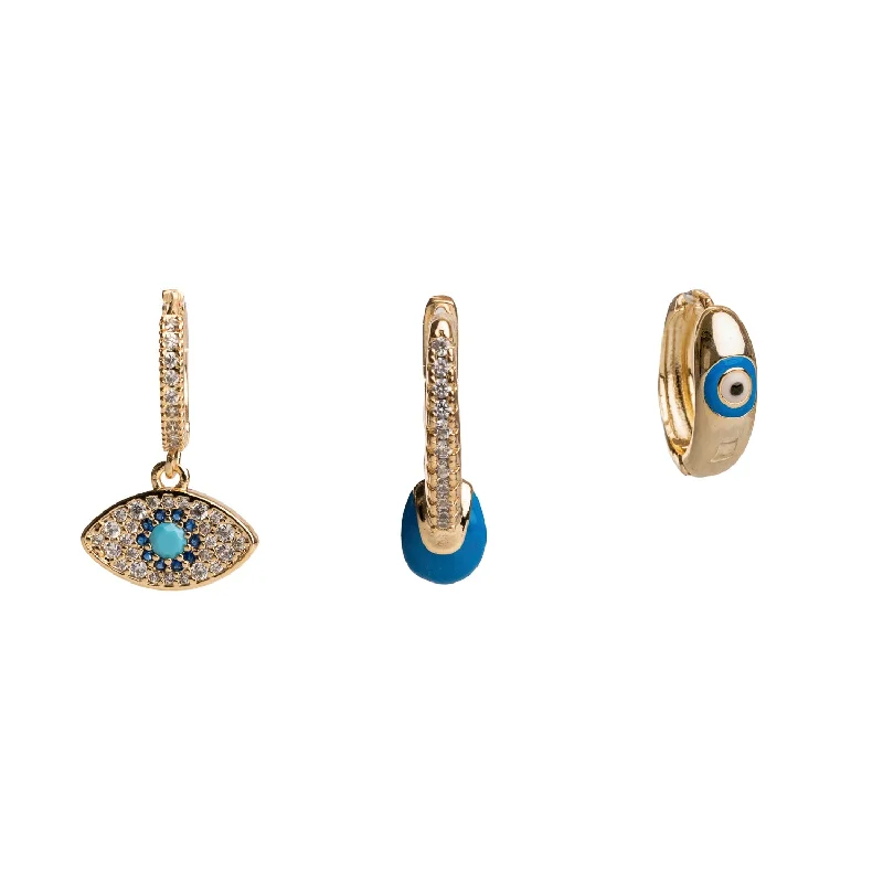 Affordable bangle bracelets for women-Blue Evil Eye Gold & Diamond Trio Hoop Earring Set