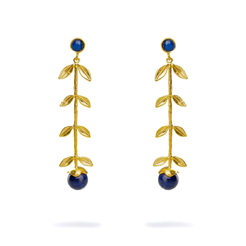 Stylish cuff bracelets for women-Bohemian Elegance Gold Leaf & Lapis Lazuli Stone Dangle Earrings