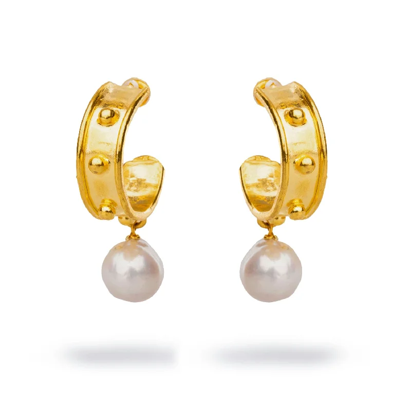 Chic birthstone necklaces for women-Cleopatra Gold Hoop Pearl Drop Mystic Earrings