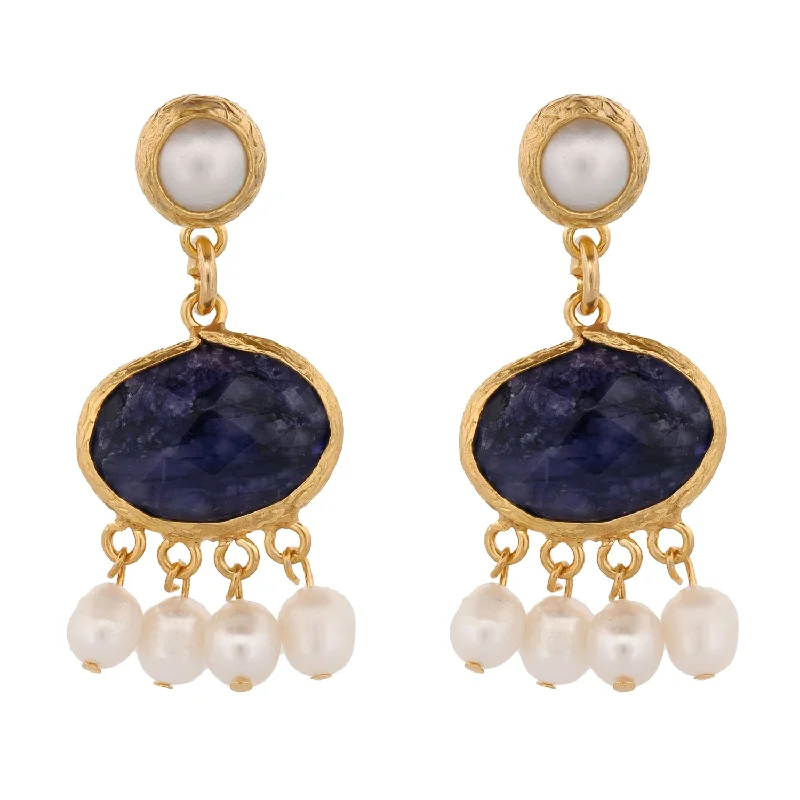 Elegant ruby pendants for women-Cleopatra Pearl & Sapphire Stone Tassel Earrings