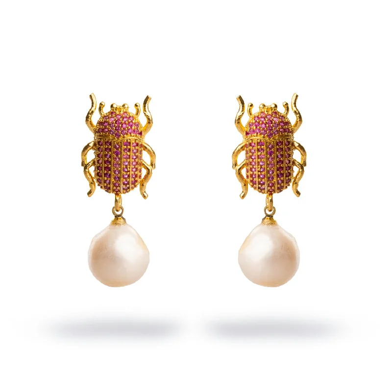 Chic statement bracelets for women-Egyptian Scarab Ruby & Pearl Dangle Mystic Earrings